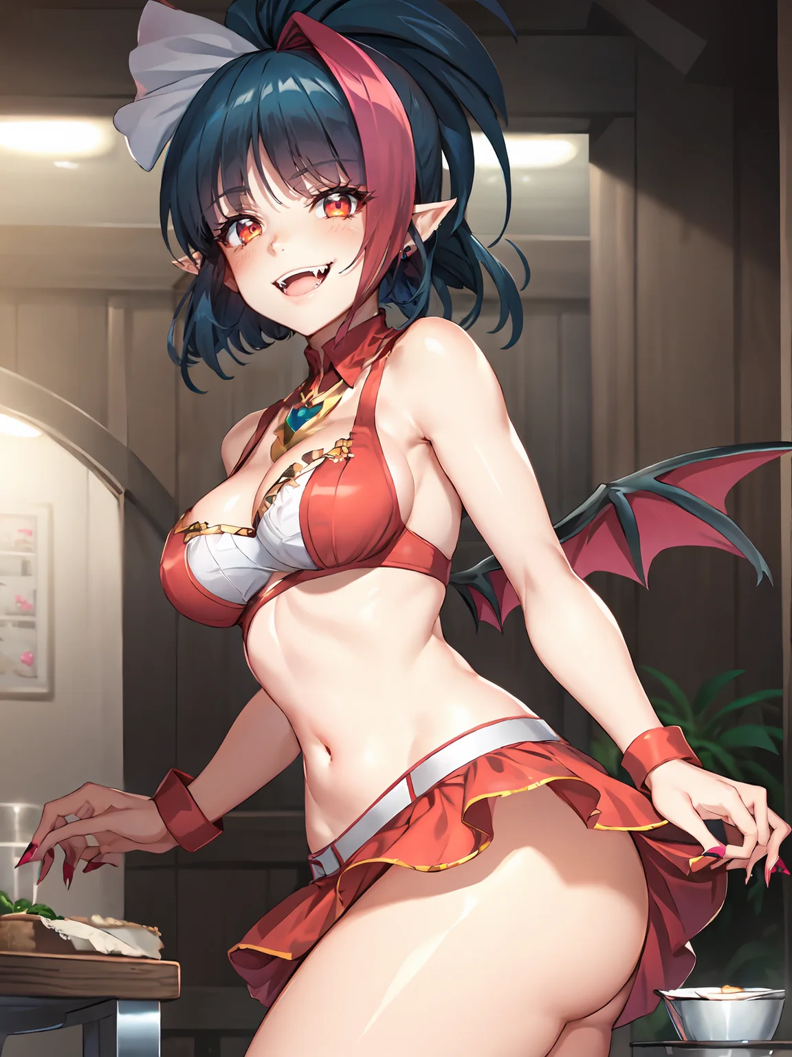 (extremely detailed CG), (best quality), perfect face, shiny skin, lustrous skin,wide hips, 1girl,solo , <lora:MillaarcSympho-10:0.8> MillaarcSympho, fangs,open clothes,jewelry, cleavage , sharp fingernails, pink dress, nail polish, sleeveless dress, sleeveless orange eyes,red eyes, long fingernails ponytail,navel, wings, bat wings, blue hair, multicolored hair, pointy ears, vampire, ass, ass focus, looking back, indoors