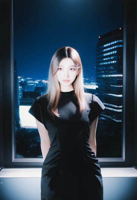 DSLR,film photography,(realistic,photorealistic:1.2),cosplay photo,Polaroid,studio lighting,flash photography,masterpiece, best quality, very aesthetic, absurdres,night,Photo of a sexy 18-year-old Korean idol, city,Wearing a sexy black dress,facing viewer, arms behind back,City background with tall buildings behind her,<lora:noobReal-V1:0.9>, <lora:spo_sdxl_10ep_4k-data_lora_webui:0.9>, <lora:sdsFILM_v40-sdxl-V1:0.7>,