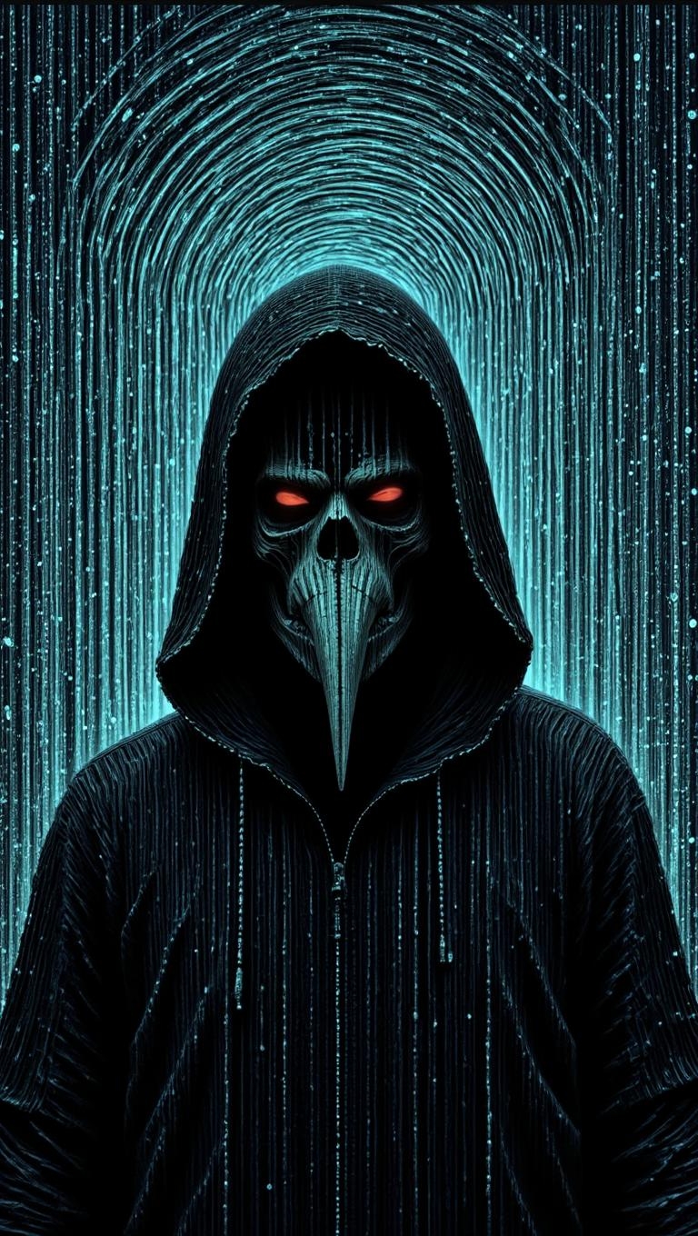 <lora:6832B18FC47386909B9316FE033A1655118763AFDE6336FB8218B5090E835842.safetensors:1> digital
In a bold, edgy visual style reminiscent of a noir-inspired comic book, a hooded figure looms prominently in the frame, its skeletal face and glowing red eyes piercing through the darkness. The figure’s prominent beak, reminiscent of a Death's-head hawkmoth, adds a surreal and ominous touch. The strong ink outlines accentuate the exaggerated structure, while the dark, billowy cloak is rendered with subtle light blue highlights that catch the eye. Harsh, graphic lighting casts stark shadows across the figure, emphasizing the deep contours of the skeletal face and the sharp angles of the beak.
The background is an ethereal, cyan-toned abstract pattern that feels both otherworldly and menacing. Tentacle-like shapes and a circular, soft-lit design add to the surreal atmosphere, creating a sense of movement and unease. Cross-hatching and fine, sketchy lines give the scene a hand-illustrated texture, enhancing the sense of dark whimsy. The limited color palette, with its subdued hues and sharp pops of vibrant red, heightens the tension and focus, making the figure’s presence even more intense and mischievous.
The overall mood is one of unpredictability and slight unease, as if the figure is about to reveal a dark secret or play a devilish trick. The scene is a perfect blend of eerie, surreal elements, capturing the essence of dark fantasy with a rebellious, hand-drawn flair.