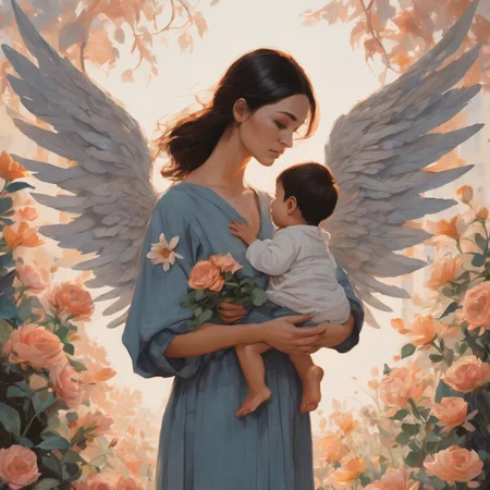 a painting of a woman holding a child, a detailed drawing, tumblr, conceptual art, each having six wings, morning time, centered!!!!!, carrying flowers