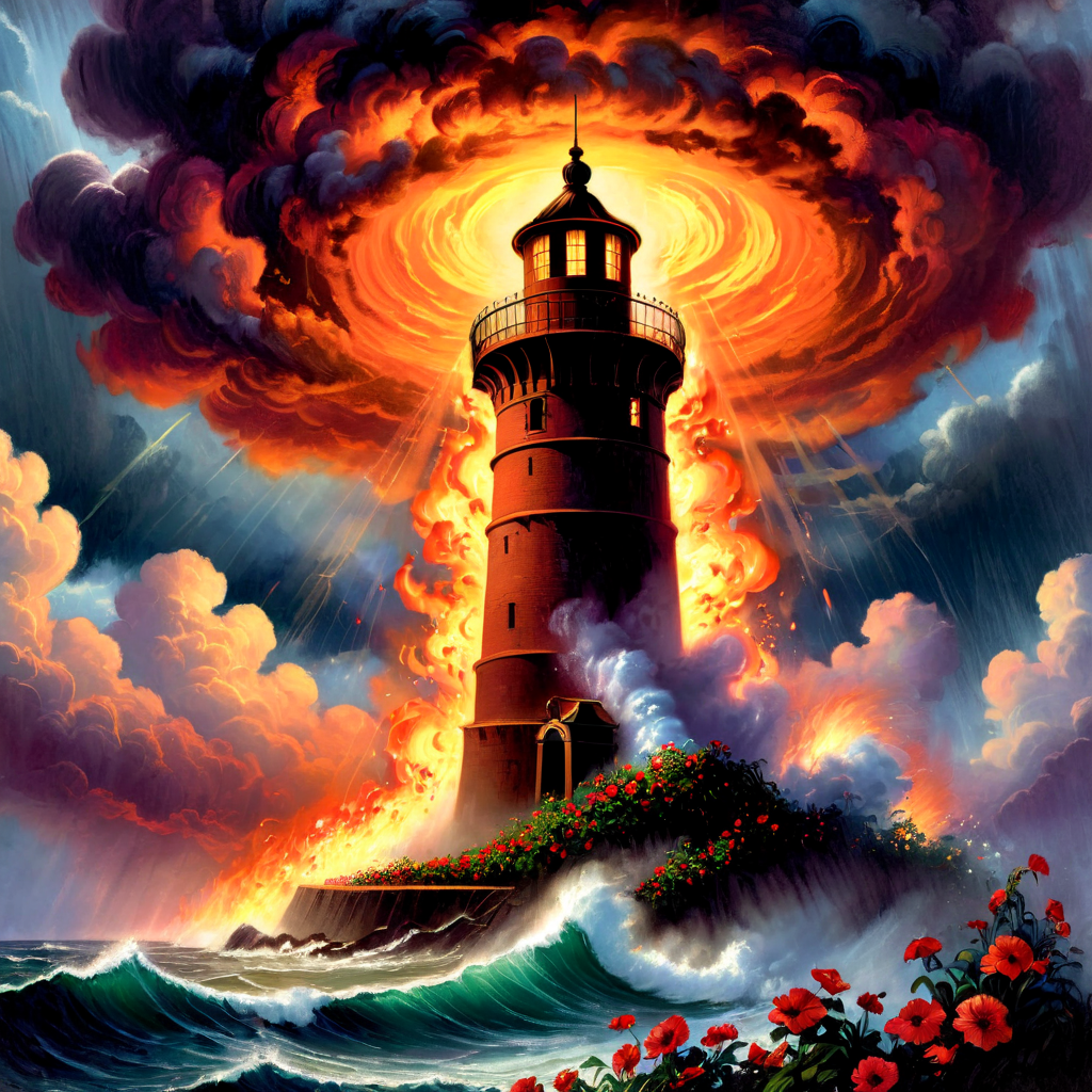 Art Deco, (Photoshopped Professional 3D rendering:1.3) of (Masterpiece:1.3),(Embarrassing:1.3) An ancient, round watchtower standing defiantly in the midst of a violent storm, engulfed by towering waves and surrounded by a (ring of fire:1.5). It floats in the air among strange, otherworldly clouds, and is entwined by vibrant flowers and climbing plants. <lora:CharcoalDarkStyleXL:1> <lora:Dark Fantasy:1> <lora:detailed_notrigger:1> <lora:Chiaroscuro Lighting Style:1>,(by Artist Bill Sienkiewicz:1.3),CGSociety,ArtStation,(Minimalism Art:1.3),(Dichromatic:1.3), sleek, geometric forms, art deco style