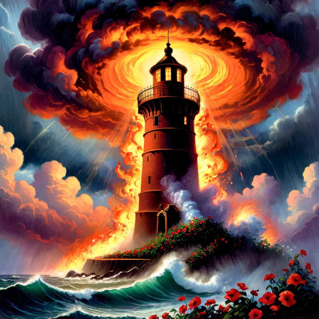 Art Deco, (Photoshopped Professional 3D rendering:1.3) of (Masterpiece:1.3),(Embarrassing:1.3) An ancient, round watchtower standing defiantly in the midst of a violent storm, engulfed by towering waves and surrounded by a (ring of fire:1.5). It floats in the air among strange, otherworldly clouds, and is entwined by vibrant flowers and climbing plants. <lora:CharcoalDarkStyleXL:1> <lora:Dark Fantasy:1> <lora:detailed_notrigger:1> <lora:Chiaroscuro Lighting Style:1>,(by Artist Bill Sienkiewicz:1.3),CGSociety,ArtStation,(Minimalism Art:1.3),(Dichromatic:1.3), sleek, geometric forms, art deco style