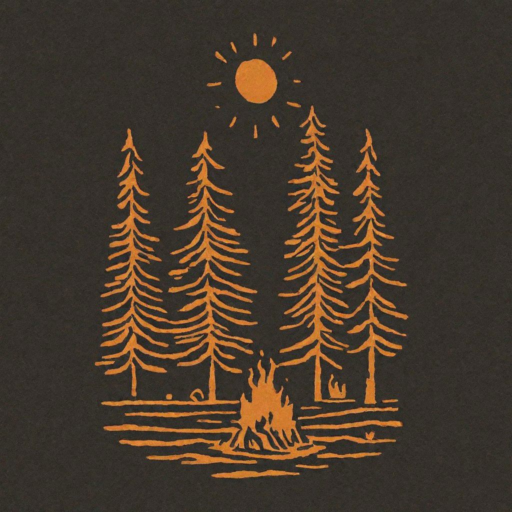 Marker Illustration, Scene, Camping, Trees, Sun, Campfire, Night, Flat, Bold