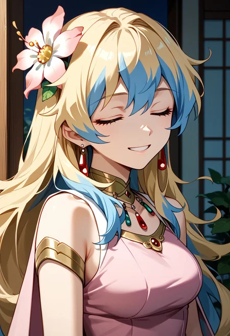 score_9,score_8_up,score_7_up,source_anime, Nia Teppelin,1girl,solo,long hair,smile,blonde hair,hair ornament,dress,jewelry,upper body,closed eyes,flower,multicolored hair,sleeveless,hair flower,two-tone hair,head tilt,^ ^,parody,pink dress,armlet,