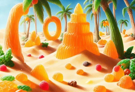 score_9_up, score_8_up, score_7_up, a desert of sugar sand with palm trees made of marmalade, (masterpiece:1.2), best quality, 8k,