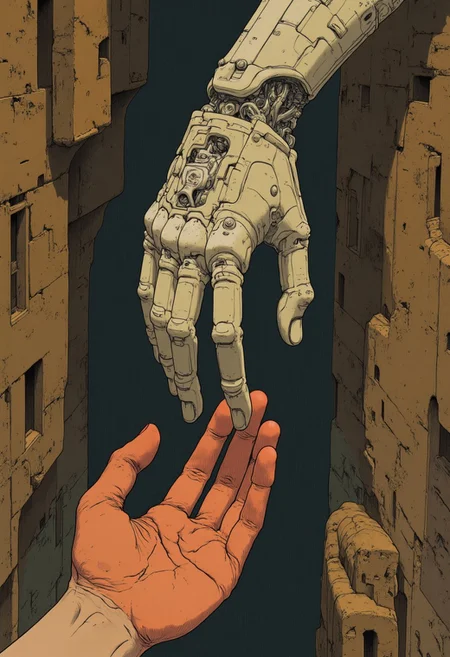 A modern reinterpretation of Michelangelo's 'The Creation of Adam,' featuring a human hand reaching out to touch a robotic hand in a dramatic, Renaissance-inspired setting. The human hand, organic and warm, contrasts with the metallic, intricate design of the robotic hand, symbolizing the connection between humanity and technology. The textured, earthy backdrop evokes a timeless and thought-provoking narrative of creation and coexistence.