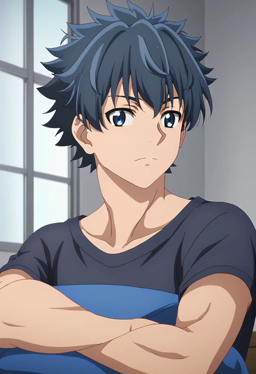 score_9, <lora:Rakuro_Hizutome:1> rakuro hizutome, 1boy, black hair, black shirt, blue eyes, closed mouth, indoors, looking at viewer, rakuro hizutome, shirt, short hair, solo, spiked hair, upper body