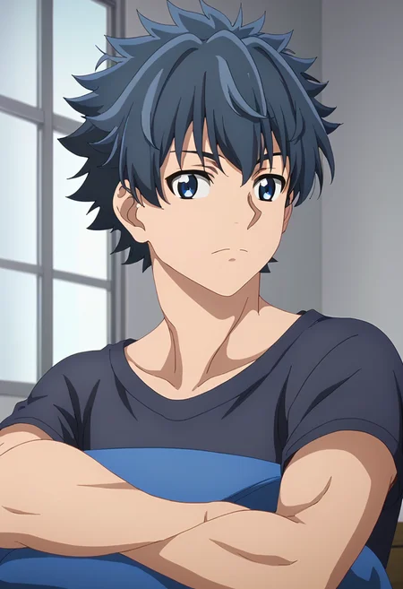 score_9, <lora:Rakuro_Hizutome:1> rakuro hizutome, 1boy, black hair, black shirt, blue eyes, closed mouth, indoors, looking at viewer, rakuro hizutome, shirt, short hair, solo, spiked hair, upper body