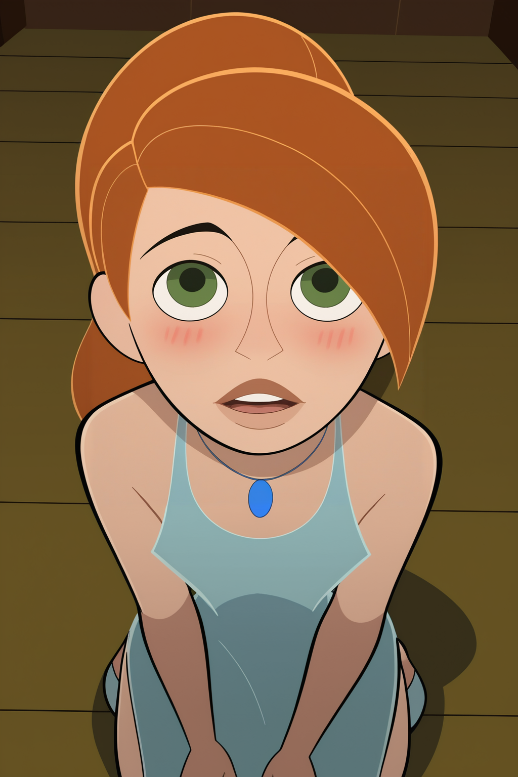 score_9, score_8_up, score_7_up, score_6_up, score_5_up, score_4_up, BREAK, pov, <lora:Kim_Possible:1>, 1girl, Kim, orange hair, green eyes, blue dress, blue high heels, side slit, ponytail, necklace, kneeling, looking up, looking at viewer, blushing