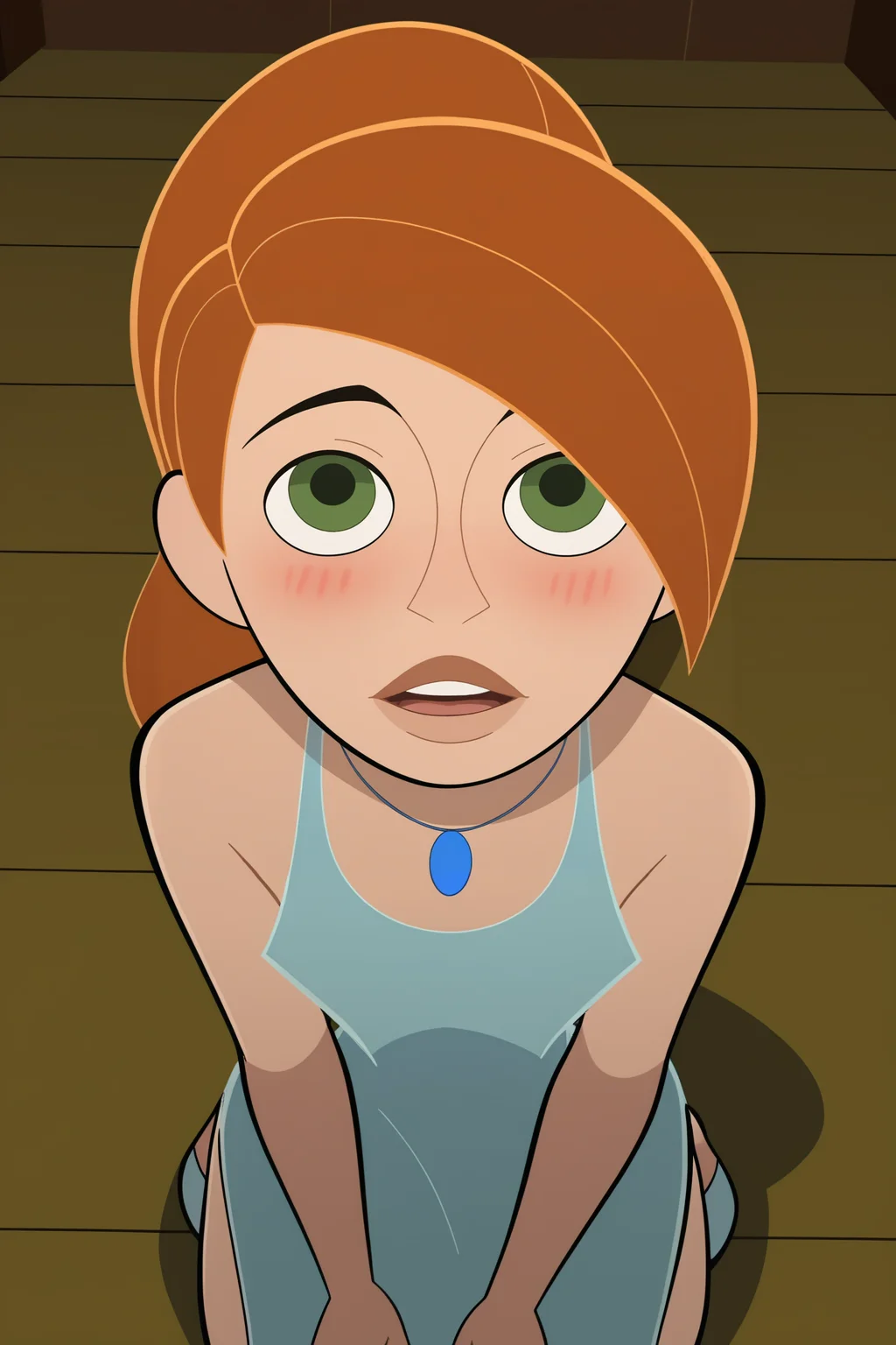 score_9, score_8_up, score_7_up, score_6_up, score_5_up, score_4_up, BREAK, pov, <lora:Kim_Possible:1>, 1girl, Kim, orange hair, green eyes, blue dress, blue high heels, side slit, ponytail, necklace, kneeling, looking up, looking at viewer, blushing