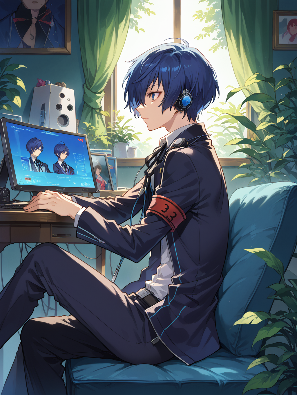score_9, score_8_up, score_7_up,source_anime,BREAK,
Yuuki_makoto_Persona_3, headphones, sitting, from side, 
<lora:Yuuki_makoto_Persona_3:1>