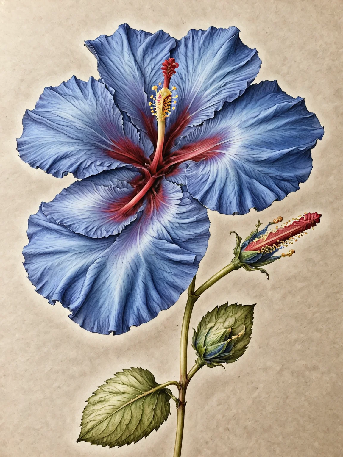 detailed, blue hibiscus flower head by ingrid-elias, botanical art, on parchment<lora:ingrid_elias_style:1.0> <lora:ParchartXL_CODA:1>
