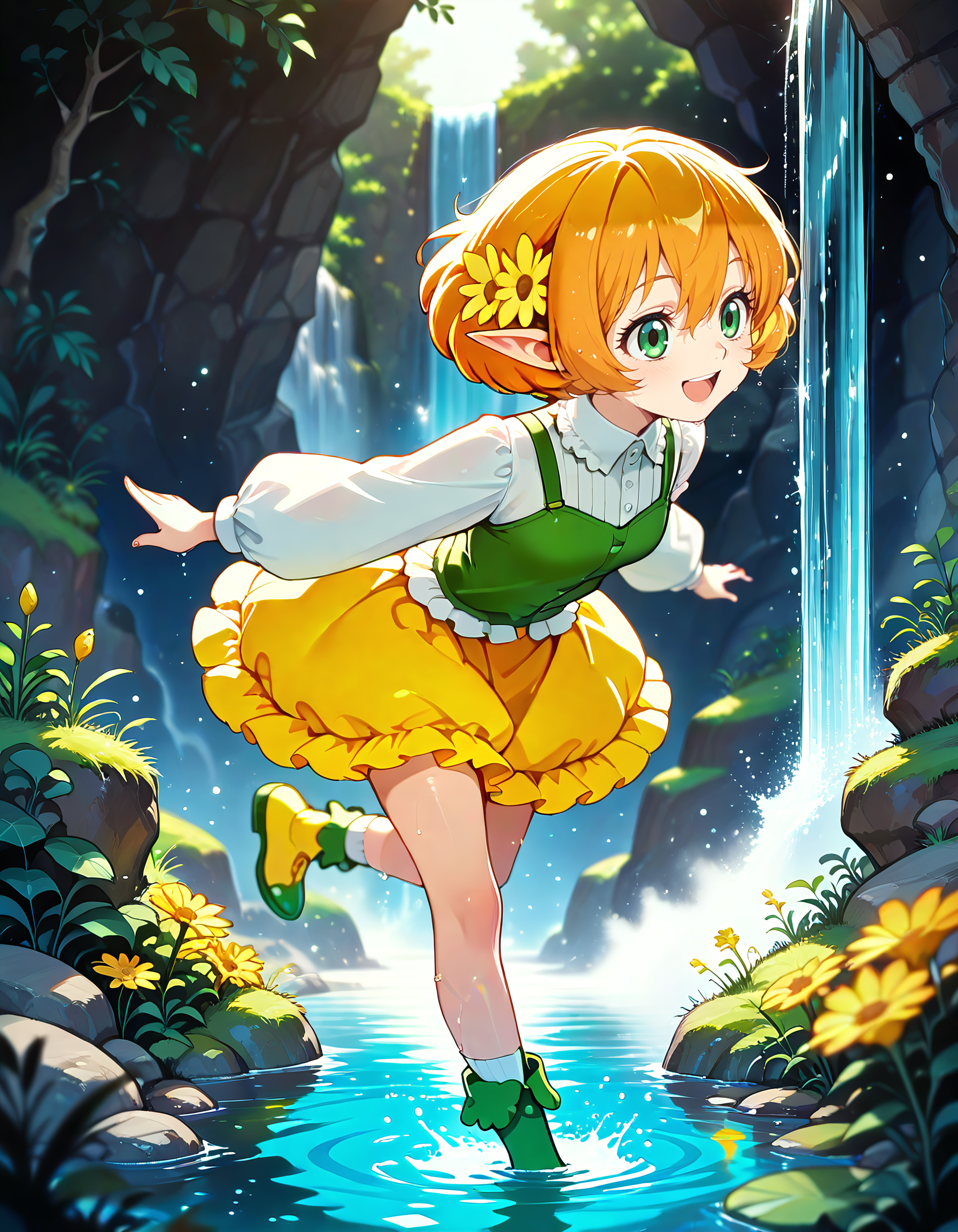 Smooth Quality <lora:michelle_IL:1> michelle, short hair, blonde hair, orange hair, hair flower, pointy ears, elf, green eyes, hair between eyes, yellow flower, aged down, small breasts, white shirt, long sleeves, frills, green vest, yellow skirt, socks, green footwear, yellow footwear, 1girl, :d, day, open_mouth, smile, solo, wading, water, waterfall, wet, playful_jump, motion_blur, wind_effect, open_sky_background, sparkly_particles, dynamic_pose, happy_energy, <lora:Dark_Ghibli:1> Studio Ghibli Dark Fairytale, detailed eyes, detailed face, detailed skin <lora:DetailedEyes_V3:1> <lora:cfg_scale_boost:0.7> <lora:SkindentationIL3.4_alpha16.0_rank32_full_400steps:5> <lora:ponyv6_noobE11_2_adamW:0.7>