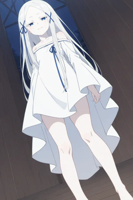 score_9, score_8_up, score_7_up, source_anime, 1girl, prefect lighting, very aesthetic, intricate details, highly detailed background, masterpiece, high quality, prefect hands, best quality, solo,
<lora:Pandora_ReZero_V1:.75>, KJOpandora, white hair, blue eyes, parted bangs, Long eyelashes, very long hair, hair ribbon, half-closed eyes, pale skin, 
white dress, off shoulder, 
looking at viewer, smug, standing, arm at side, from below, barefoot, 
wooden floor, wood walls, dimly lit, night, 
(Beautiful, small Breasts:1.2), natural breasts,