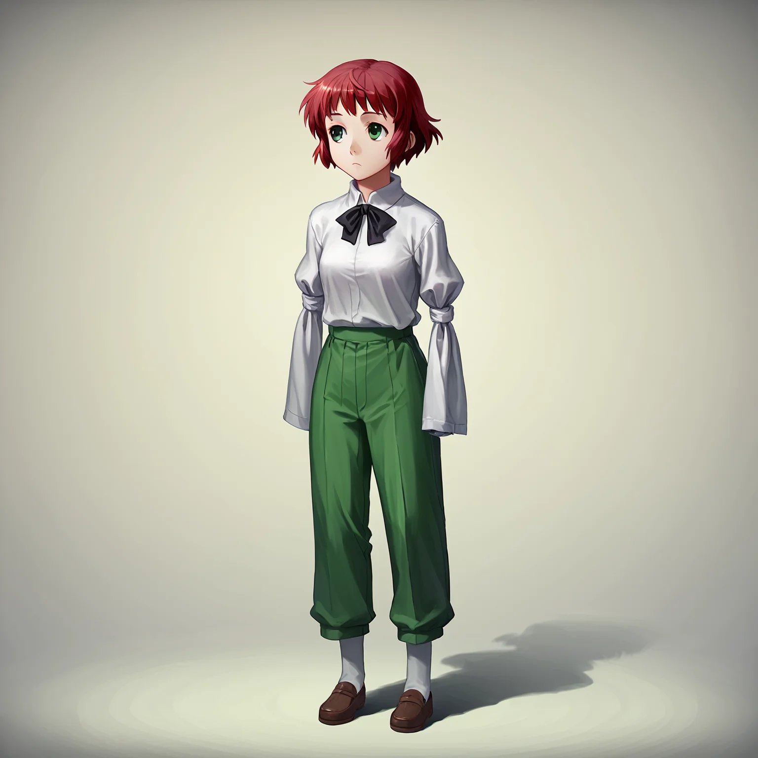 score_9, score_8_up, score_7_up,
BREAK
1girl, solo, standing, full body,
<lora:Katawa_Shoujo_charpack-000010:1>, katawa shoujo, yamaku high school uniform,
tezuka rin, red hair, short hair, green eyes, armless amputee, double amputee, tied sleeves,
(light smile:0.5), expressionless, looking up, looking to the side,
simple background,