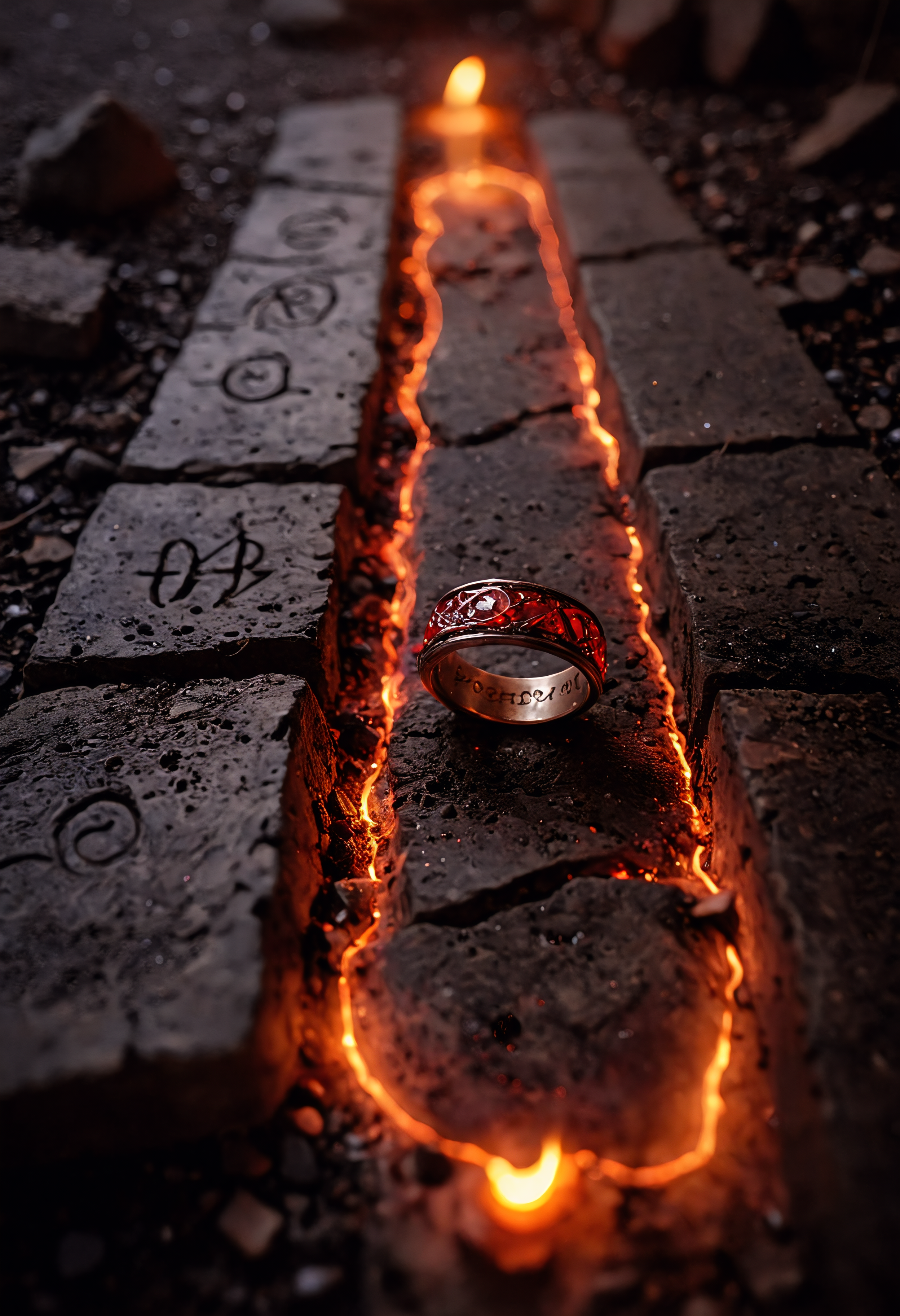 __Camera Views/cameraView/tilt-shift shot__
__200+ (NSFW and SFW)/background/infernal palace__
A precariously balanced shot of the (One Ring:1.3)++, resting on a cracked stone surface. The ring itself appears ancient and worn, its surface etched with barely visible ((<lora:aidmaLightPainting-v0.1:0.5> Light Painting glowing Elvish runes)). Deep shadows cling to its form, hinting at the immense power and corruption it holds. A faint, ((__200+ (NSFW and SFW)/color/Blood Red__ glow)) emanates from within the crack, casting an (__cornf-horror-scene/lighting__ ominous red lightor-scene/lighting/ominous red light__) on the surrounding dust and debris. Intricate details, dark fantasy, muted colors, high resolution, best quality, power, corruption, temptation, ominous, chilling, detailed, dramatic lighting, ((extreme close-up on the glowing runes:1.3)), shallow depth of field, hyperrealistic, texture, __200+ (NSFW and SFW)/detail/Imperceptible detail__.
__200+ (NSFW and SFW)/camera/Canon EOS 5D Mark IV DSLR Camera__, (masterpiece, award winning artwork) many details, extreme detailed, full of details, Wide range of colors, high Dynamic <lora:add-detail-xl:1> <lora:WildcardX-XL-Detail-Enhancer:0.9> <lora:aidma-Image Upgrader-v0.1:1> <lora:SDXLFaeTastic2400:0.085> <lora:MJ52:0.185> <lora:sinfully_stylish_SDKL:0.11> <lora:casting shadow style v2:0.1> <lora:CinematicStyle_v1:0.42> casting shadow style, cucoloris patterned illumination
