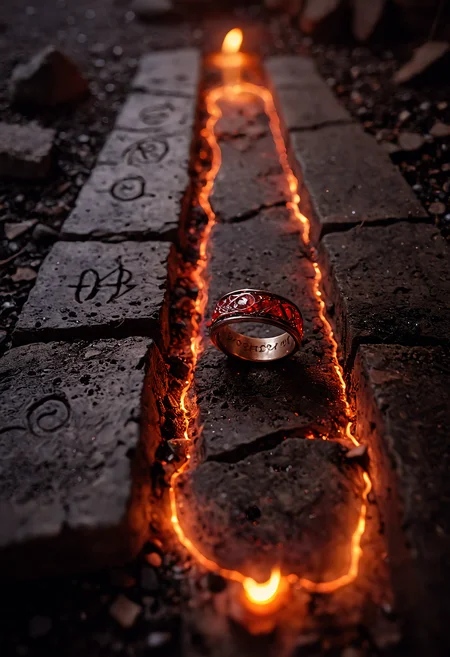 __Camera Views/cameraView/tilt-shift shot__
__200+ (NSFW and SFW)/background/infernal palace__
A precariously balanced shot of the (One Ring:1.3)++, resting on a cracked stone surface. The ring itself appears ancient and worn, its surface etched with barely visible ((<lora:aidmaLightPainting-v0.1:0.5> Light Painting glowing Elvish runes)). Deep shadows cling to its form, hinting at the immense power and corruption it holds. A faint, ((__200+ (NSFW and SFW)/color/Blood Red__ glow)) emanates from within the crack, casting an (__cornf-horror-scene/lighting__ ominous red lightor-scene/lighting/ominous red light__) on the surrounding dust and debris. Intricate details, dark fantasy, muted colors, high resolution, best quality, power, corruption, temptation, ominous, chilling, detailed, dramatic lighting, ((extreme close-up on the glowing runes:1.3)), shallow depth of field, hyperrealistic, texture, __200+ (NSFW and SFW)/detail/Imperceptible detail__.
__200+ (NSFW and SFW)/camera/Canon EOS 5D Mark IV DSLR Camera__, (masterpiece, award winning artwork) many details, extreme detailed, full of details, Wide range of colors, high Dynamic <lora:add-detail-xl:1> <lora:WildcardX-XL-Detail-Enhancer:0.9> <lora:aidma-Image Upgrader-v0.1:1> <lora:SDXLFaeTastic2400:0.085> <lora:MJ52:0.185> <lora:sinfully_stylish_SDKL:0.11> <lora:casting shadow style v2:0.1> <lora:CinematicStyle_v1:0.42> casting shadow style, cucoloris patterned illumination