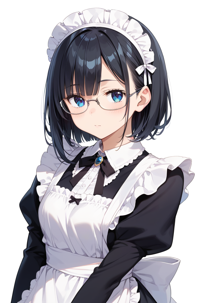 score_9, score_8_up, score_7_up, rating_safe, masterpiece, best quality, absurdres, unity 8k wallpaper, official art, official style, source_anime, uncensored, game cg, megami magazine,
1girl, solo, black hair, medium hair, upper body, covered eyes,maid, maid headdress, black dress, maid apron, face focus,
underrim_metal, glasses, still life, white background, simple background, under-rim eyewear, grey-framed eyewear, 
 <lora:glasses_underRimMetal_PONY_V1:1>