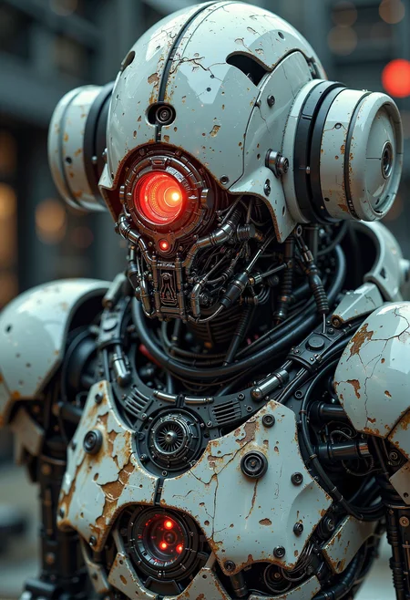 Haunted mech, cracked cockpit, ghostly aura, faded insignia, shattered limbs <lora:Midjourney_Dreamlike_Fantasy_FLUX_LoRA.safetensors:0.3>, <lora:Cyberpunk Realistic V1.safetensors:0.6>, <lora:ck-skynet-000019.safetensors:0.3>,