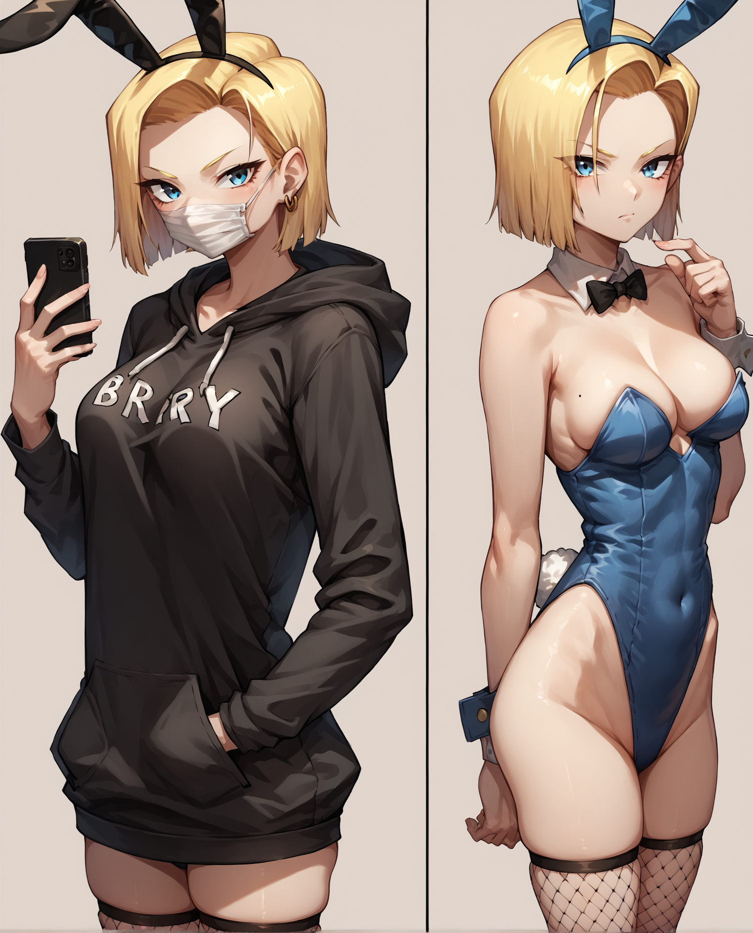 score_9, score_8_up, score_7_up, source_anime BREAK 1girl, multiple views, before and after, leotard, hoodie, fishnet thighhighs, looking at viewer, simple background, android 18, blonde hair, short hair, forehead, fake bunny ears, blue eyes, holding phone, standing, medium breasts, skindentation, surgical mask, <lora:After_work:0.7>, finger to cheek, rating_questionable