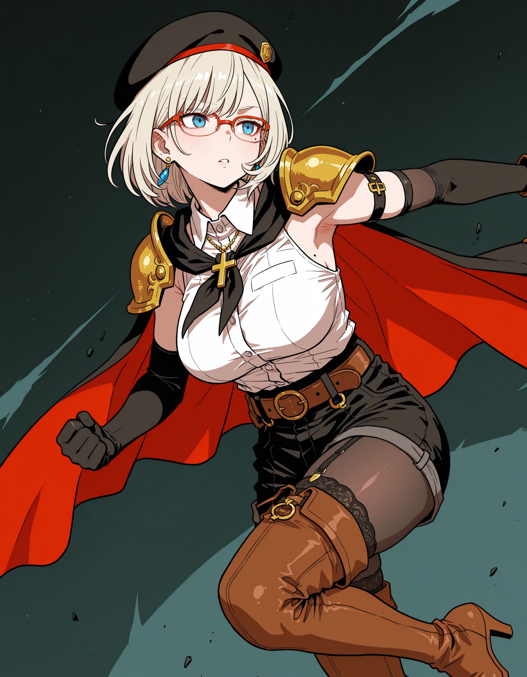 masterpiece,best quality,amazing quality,flat color,
intense shadows,guro,
mature female,short hair,platinum blonde hair,mole under eye,blue eyes,beautiful detailed eyes,larg breasts,oval face,glasses,<lora:748cmSDXL:0.5>,solo,dynamic pose,
bare_shoulders,detached_sleeves,belt,black pantyhose,black garter belt,high heels,(black beret),earrings,cross necklace,pendant,neckerchief,elbow gloves,armband,black armlet,fighting_stance,shorts,cape,red color inner cape,(upper body,shoulder armor,left arm),(lower body,shorts),brown footwear,thigh boots,longeyelashes,collared shirt,
<lora:mai_ra_style:2>,mai_ra_style,