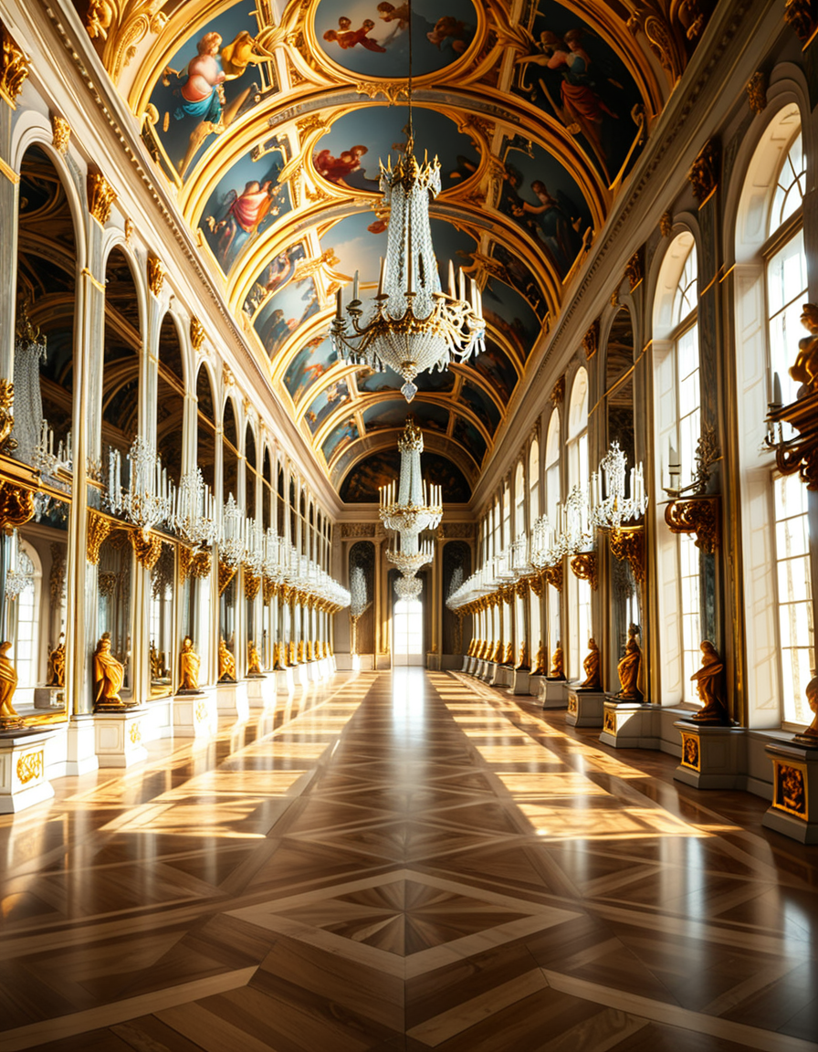 A breathtaking, photorealistic depiction of the Hall of Mirrors (Galerie des Glaces) at the Palace of Versailles in France, captured in golden afternoon light. The hall is grand and opulent, with a high arched ceiling painted with intricate Baroque frescoes. The walls are lined with tall arched mirrors on one side and large arched windows on the opposite side, flooding the space with natural light. Elegant crystal chandeliers hang from the ceiling, reflecting in the mirrors and sparkling with golden highlights. The marble floors are polished and gleaming, with rich, warm tones. Gilded statues and decorative elements frame the mirrors and doorways. The image style is ultra-detailed and photorealistic, with sharp textures and soft, warm lighting creating a majestic, timeless atmosphere. No people present, only the serene magnificence of the empty hall. Camera angle at eye level, centered down the hall, capturing the full length and symmetry of the space.
<lora:SDXLFaeTastic2400:0.4> <lora:extremely_detailed:0.4> extremely detailed,<lora:Hall_of_M1rr0rs:1>,Hall of M1rr0rs, Masterpiece,best quality,hi res,8k,hi res,8k,award winning,(sharp focus, intricate, highly detailed),