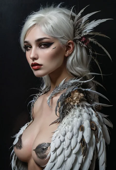 dark background and overhead studio light, made out of ral-dryflwrs, [ (stylized by Stephan Martinière:1.3) and Katia Chausheva::9], Painting, (Female of Pandora:1.2) ,score_9, score_8_up, score_7_up, solo, harpy,huge big breasts exposed, 1girl, white hair, braids, (feathers, wings:1,3), bangs, ear wings, parted lips, full lips, half closed eye, half body, 1dk, fFaceDetail, Expressiveh,huge big breasts exposed