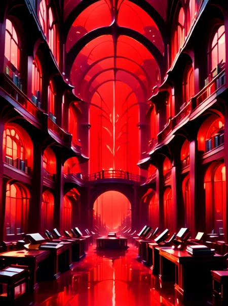 score_9,score_8_up,,score_7_up,,<lora:art_deco_pony:0.8>,source_anime,anime style,
artdecostyle,
, library, no humans, book, scenery, bookshelf, window, indoors, red theme, reflection, water, table, book stack