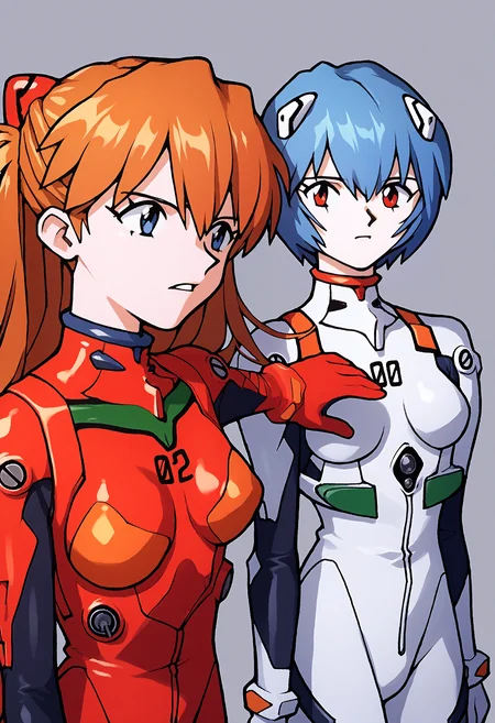 score_9, score_8_up, score_7_up, score_6_up, source_anime, incrscook, <lora:eva_pony:1> <lora:LethimcookMeme_XLPD:1> 2girls, souryuu_asuka_langley, ayanami_rei, red pilot_suit, white pilot_suit, furrowed brow,