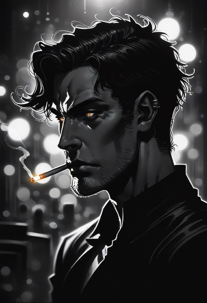 zPDXL2, score_9, score_8_up, score_7_up, source_anime, noir, portrait, mysterious goth man, night city, liting cigarette, best quality, dark theme, low light, best quality, sideview face in profile, face close up, bpe-illuminati, depth of field, dof, [[sketch]], lineart