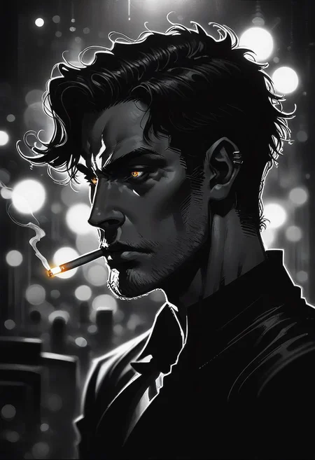 zPDXL2, score_9, score_8_up, score_7_up, source_anime, noir, portrait, mysterious goth man, night city, liting cigarette, best quality, dark theme, low light, best quality, sideview face in profile, face close up, bpe-illuminati, depth of field, dof, [[sketch]], lineart