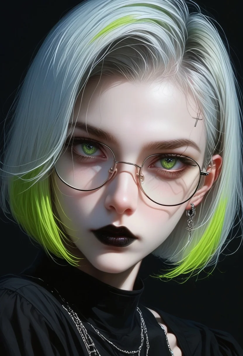Incredible background, extreme closeup of Stunning female cyberpunk hacker, straight-cut two-tone hair, black with neon green highlights pop culture glasses, dark eye-shadow, black lipstick, looking at an unseen computer screen, her glasses reflecting neon blue mirrored, reversed ASCII analog text on a black background, Perfect Composition, realistic photographic image, RAW photo highest quality, perfect directional lighting, incredible cover photo, best background, dark fantasy and horror meet punk's rebellious energy, Gothic art style, gothic details, dramatic compositions, rich symbolism