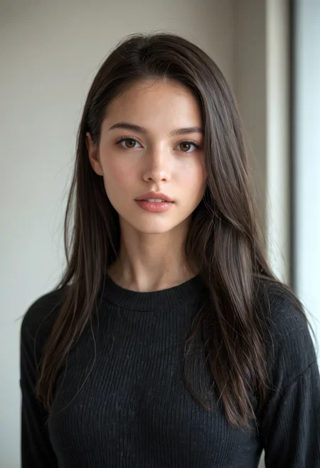 CyberRealisticPony_POSV1, cinematic still of a young woman posing for the camera in a black sweater, 1girl, solo, long hair, looking at viewer, black hair, long sleeves, brown eyes, parted lips, upper body, emotional, detailed eyes, perfect composition
