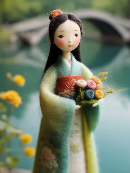 felted doll, 1 girl,Chinese hanfu,floral,holding flower,full body,bridge,lake