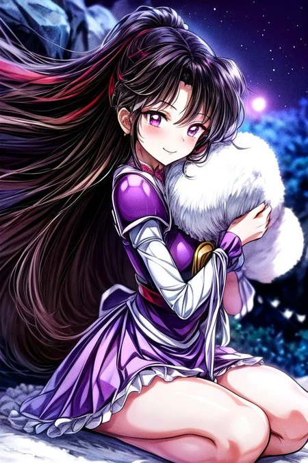 masterpiece, best quality 1girl Setsun4 solo long hair, (night time) forest background black hair very long hair purple eyes multicolored hair armor (fur trim) (medium body),<lora:EMS-179-EMS:0.800000>,<lora:EMS-293862-EMS:0.800000> bow, hair_bow, hair_tubes, red_bow, brown_hair, long_hair, bangs, ascot, frilled_bow, yellow_ascot, blush, smile, hair_between_eyes, athletic, armor