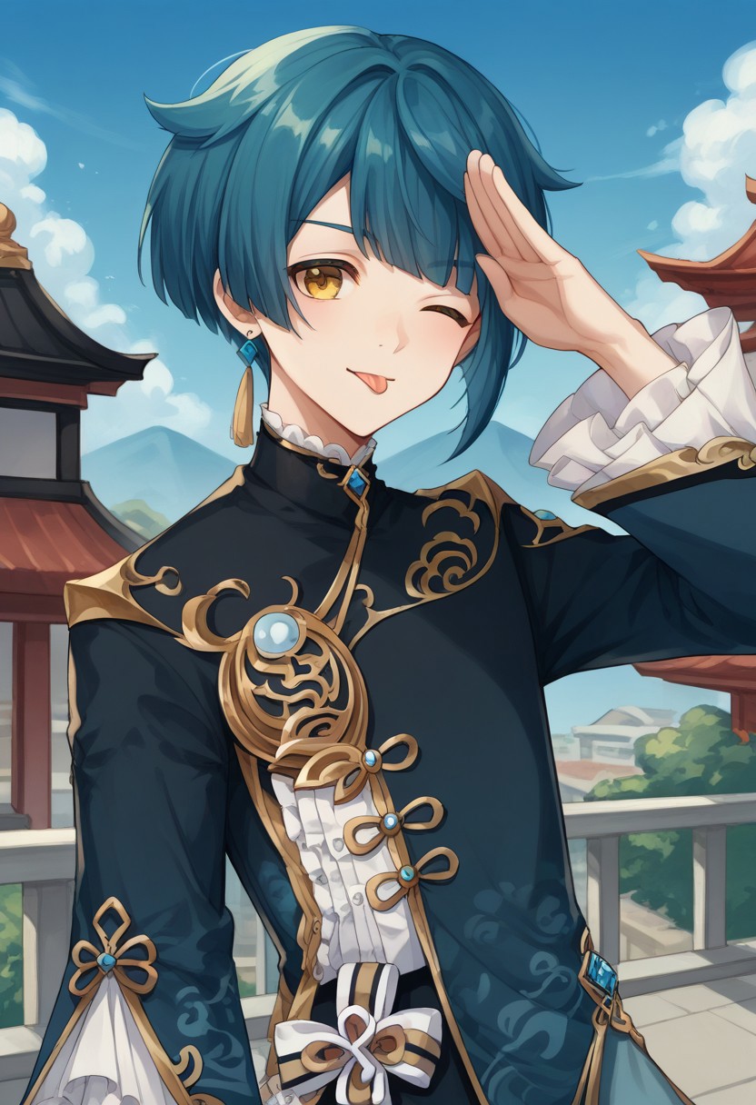 score_9, score_8_up, score_7_up, source_anime, highly detailed, 
Xingqiu, 1boy, male focus, solo, dark blue hair, bangs, short hair, yellow eyes, jewelry, earrings, single earring, tassel earrings, tassel, chinese clothes, coat, blue coat, frills, shirt, frilled shirt collar, frilled sleeves, long sleeves, wide sleeves, one eye closed, tongue, tongue out, salute, upper body,
outdoor, building, oriental,