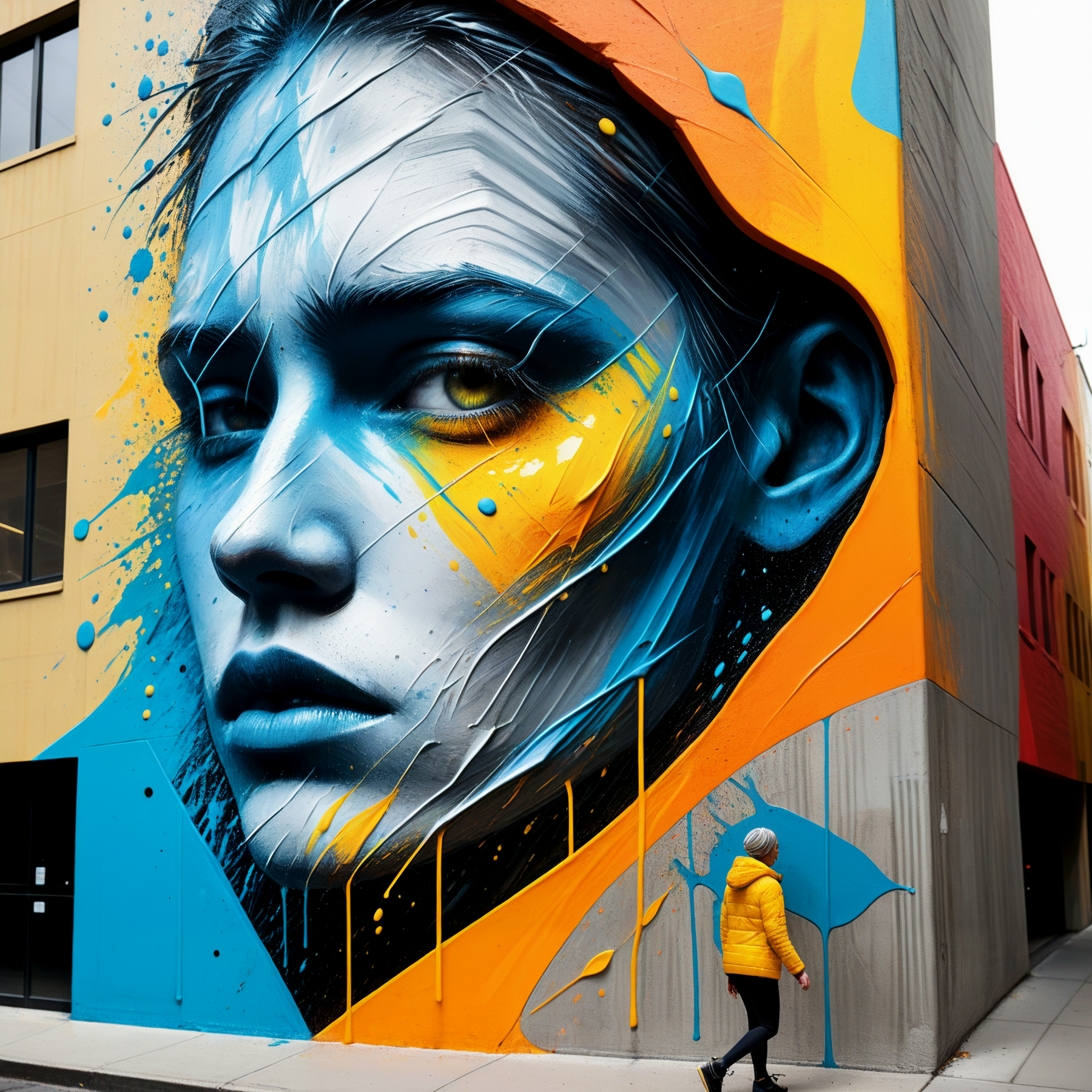 Imagine a dynamic graffiti mural titled **"Symbiotic Flow"** that merges the essence of nature and humanity in a living, evolving piece of art. Here's the concept:

### Design
The mural sprawls across a large urban wall, its core image featuring a human figure and a sprawling tree interwoven as one entity. The human form, carved out in sharp geometric shapes, seems to rise from the ground, their limbs extending into branches and veins that pulse with vivid colors. The tree, with roots plunging into concrete cracks and branches bursting upward, is painted with exquisite detail, each leaf resembling a human eye, symbolizing collective consciousness.

### Dynamic Element
This mural is not static. It incorporates **reactive paint and LED lighting** that respond to environmental factors:

1. **Seasonal Changes**: The colors shift throughout the year. In spring, the mural blooms with greens and pastel hues. In summer, vibrant oranges and yellows dominate. Fall brings warm auburn and reds, and in winter, cool blues and silvers take over.

2. **Motion Sensors**: Sensors near the mural detect the movement of passersby. As someone approaches, the mural "reacts" with rippling effects. For instance, as someone walks by, a glowing ripple might spread from the human figure into the branches.

3. **Soundscape Integration**: Hidden speakers play subtle nature sounds—birdsong, rustling leaves, or soft rain—that adapt to nearby activity. During quieter hours, the sounds are meditative, while busier times bring livelier melodies.

4. **Sustainability Message**: The mural uses solar-powered tech and eco-friendly materials. A QR code embedded in the design educates viewers about the importance of harmony between humanity and nature, offering ways to support environmental causes.

### Impact
The mural not only beautifies the space but also creates an immersive experience that connects viewers to nature and their role within it. It’s a statement of interdependence, urging urban dwellers to remember their roots while embracing the flow of life around them. 

<lora:GraffitiArt01_CE_XL_300-OT:0.6> grftiartCE_style