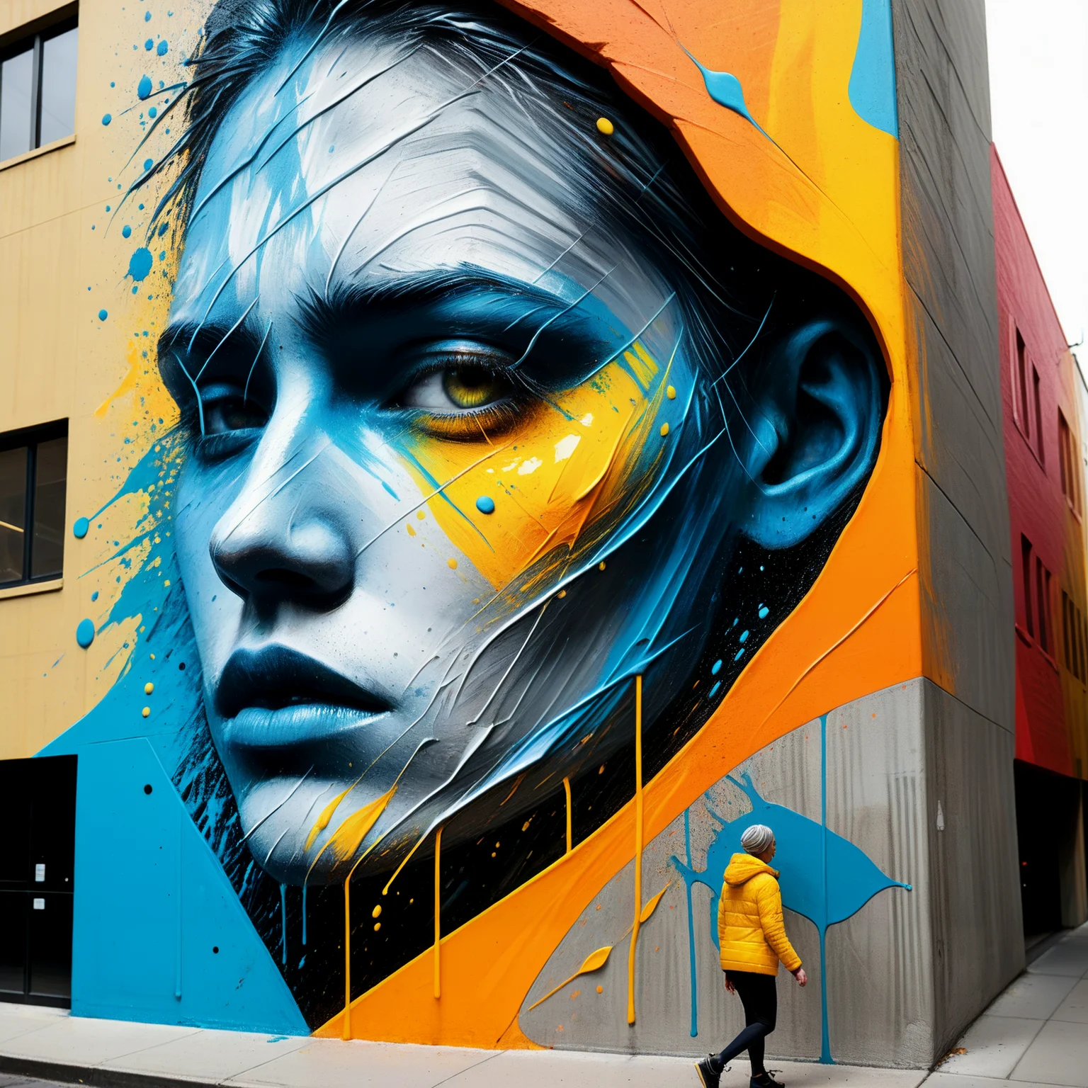 Imagine a dynamic graffiti mural titled **"Symbiotic Flow"** that merges the essence of nature and humanity in a living, evolving piece of art. Here's the concept:

### Design
The mural sprawls across a large urban wall, its core image featuring a human figure and a sprawling tree interwoven as one entity. The human form, carved out in sharp geometric shapes, seems to rise from the ground, their limbs extending into branches and veins that pulse with vivid colors. The tree, with roots plunging into concrete cracks and branches bursting upward, is painted with exquisite detail, each leaf resembling a human eye, symbolizing collective consciousness.

### Dynamic Element
This mural is not static. It incorporates **reactive paint and LED lighting** that respond to environmental factors:

1. **Seasonal Changes**: The colors shift throughout the year. In spring, the mural blooms with greens and pastel hues. In summer, vibrant oranges and yellows dominate. Fall brings warm auburn and reds, and in winter, cool blues and silvers take over.

2. **Motion Sensors**: Sensors near the mural detect the movement of passersby. As someone approaches, the mural "reacts" with rippling effects. For instance, as someone walks by, a glowing ripple might spread from the human figure into the branches.

3. **Soundscape Integration**: Hidden speakers play subtle nature sounds—birdsong, rustling leaves, or soft rain—that adapt to nearby activity. During quieter hours, the sounds are meditative, while busier times bring livelier melodies.

4. **Sustainability Message**: The mural uses solar-powered tech and eco-friendly materials. A QR code embedded in the design educates viewers about the importance of harmony between humanity and nature, offering ways to support environmental causes.

### Impact
The mural not only beautifies the space but also creates an immersive experience that connects viewers to nature and their role within it. It’s a statement of interdependence, urging urban dwellers to remember their roots while embracing the flow of life around them. 

<lora:GraffitiArt01_CE_XL_300-OT:0.6> grftiartCE_style