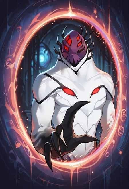 masterpiece, best quality, amazing quality, very aesthetic, absurdres, newest,, detailed background, 
highbreed, extra eyes, solo, alien, white skin, purple face, , monster, red eyes, black hands, , claws, black head spikes, white body,
emerging from portal, leaving portal, p0rtalreach, portal, arm reaching through portal, blue portal,