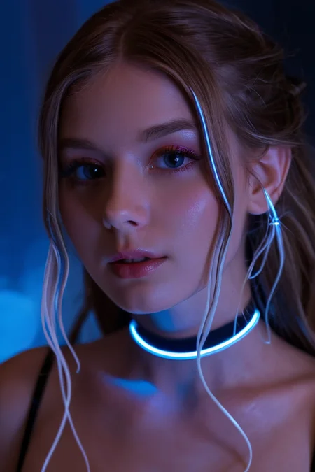 A woman wearing a neon choker with a hanging sapphire, night time, cinematic lighting, subtle glow, rating_explicit, white tendrils glowing highlights, elegant