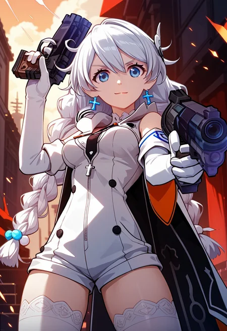 score_9,score_8_up,score_7_up,source_anime,Kiana Kaslana,1girl,solo,breasts,looking at viewer,smile,long sleeves,hair ornament,gloves,dress,thighhighs,holding,closed mouth,medium breasts,braid,weapon,elbow gloves,white gloves,holding weapon,twin braids,gun,cross,holding gun,handgun,dual wielding,aiming,short jumpsuit,
