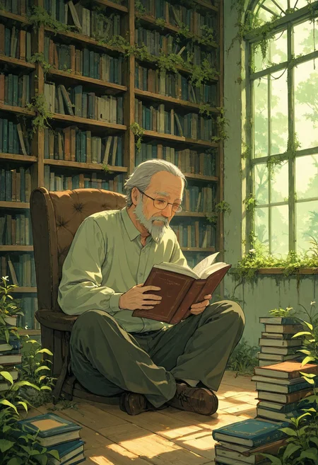 OLD MAN IN A OVERGROWN LIBRARY; Ethereal Brushstroke. detailed face, reading a book