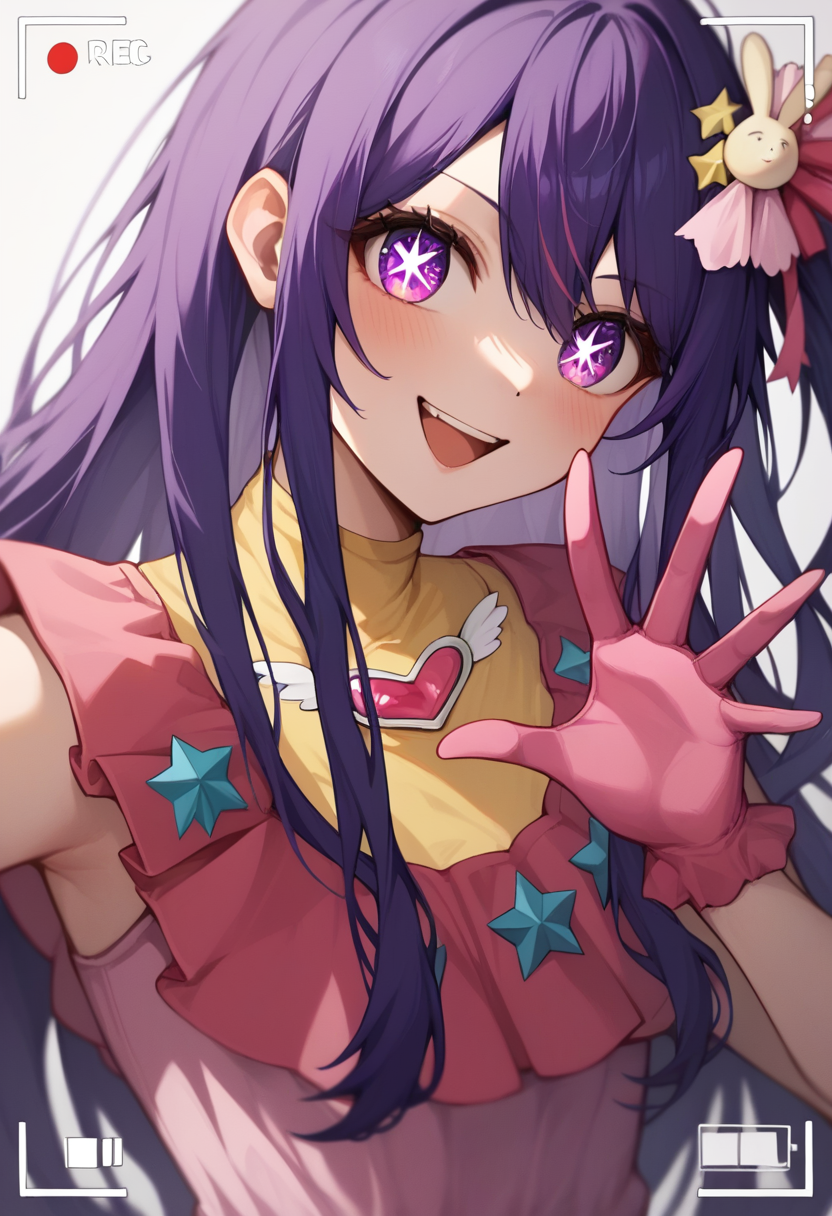 score_9,score_8_up,score_7_up,1girl,hoshino_ai_\(oshi_no_ko\),solo,upper_body,blush,smile,long_hair,purple_hair,rabbit_hair_ornament,viewfinder,absurdres,highres,battery_indicator,commentary_request,finger_frame,hair_between_eyes,idol_clothes,looking_at_viewer,open_mouth,pink_dress,pink_gloves,purple_eyes,star-shaped_pupils,star_in_eye ,<lora:oshi_no_ko:1>,
