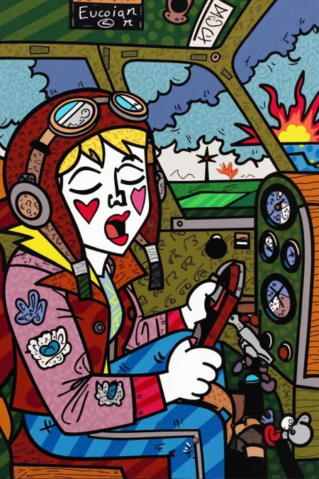 romeb1 illustration.
A female pilot screaming inside the cockpit of a World War II bomber. The pilot, wearing a vintage leather flight helmet with goggles and a bomber jacket, grips the controls with white-knuckled hands. Her face is contorted in a mix of fear and determination as she yells, her eyes wide with adrenaline. The cockpit is cramped and filled with old-fashioned dials and gauges, with the outside view showing dark stormy clouds and distant anti-aircraft fire <lora:romeb1_cap_d6a3e12:1.0><lora:829123181710212643:0>