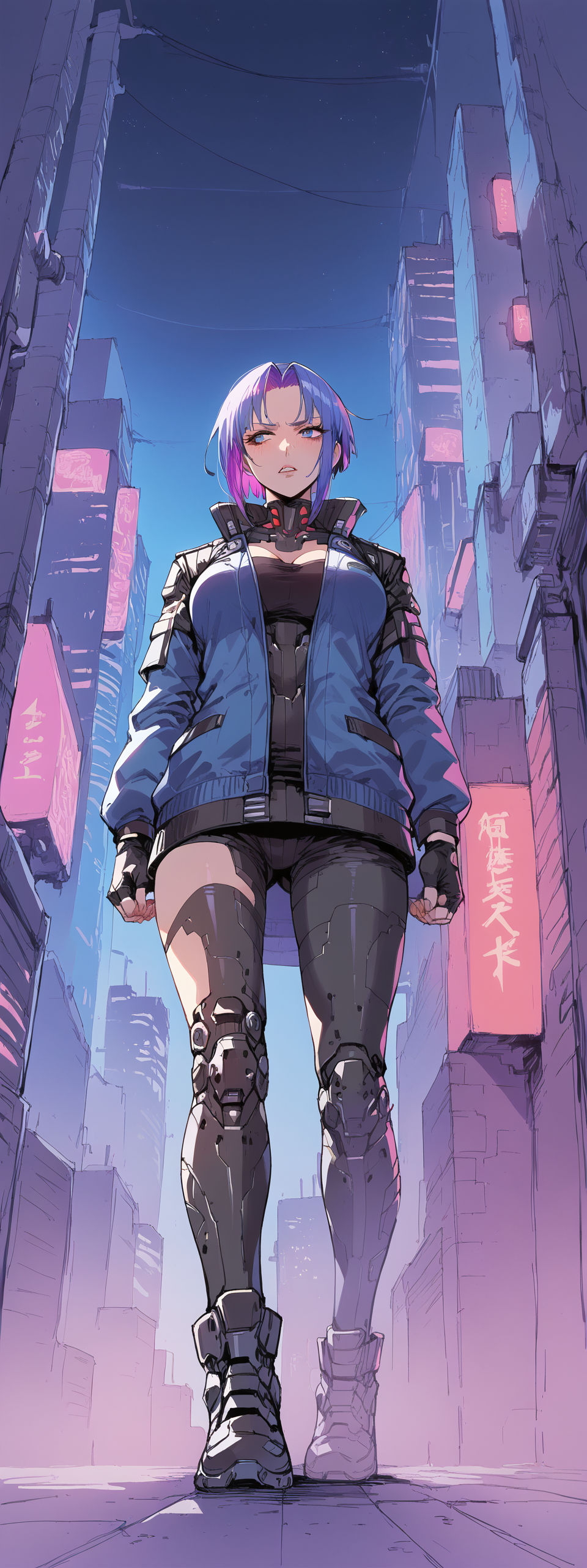score_6up, mature Woman,  very low angle view, full body view, multi-colored short iridescent hair, long jacket, futuristic,  in a dark cyberpunk street, some neons far away, city by night, cyber boots, fingerless gloves, high contrasts, original perspective,  fingerless gloves, details in the shadows, sketch. drawing  low light, dramatic lighting, darkness <lora:LOREVER-style_ponyXL:1.2>, vivid colors