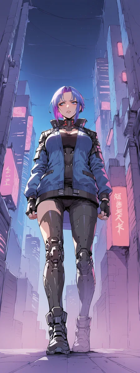 score_6up, mature Woman, very low angle view, full body view, multi-colored short iridescent hair, long jacket, futuristic, in a dark cyberpunk street, some neons far away, city by night, cyber boots, fingerless gloves, high contrasts, original perspective, fingerless gloves, details in the shadows, sketch. drawing low light, dramatic lighting, darkness <lora:LOREVER-style_ponyXL:1.2>, vivid colors