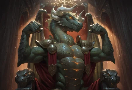 best quality, amazing quality, absurdres, newest, masterpiece BREAK KorvoldMTG 1boy, dragon, green scales, semi-anthro, horns, solo, sitting on throne, glowing eyes, wings, royal hall, looking at viewer, upper body, red cloth strips, shoulder armor, flexing <lora:Korvold_Fae-Cursed_King_magic_the_Gathering:1> <lora:NOOB_vp1_detailer_by_volnovik_v1:1>