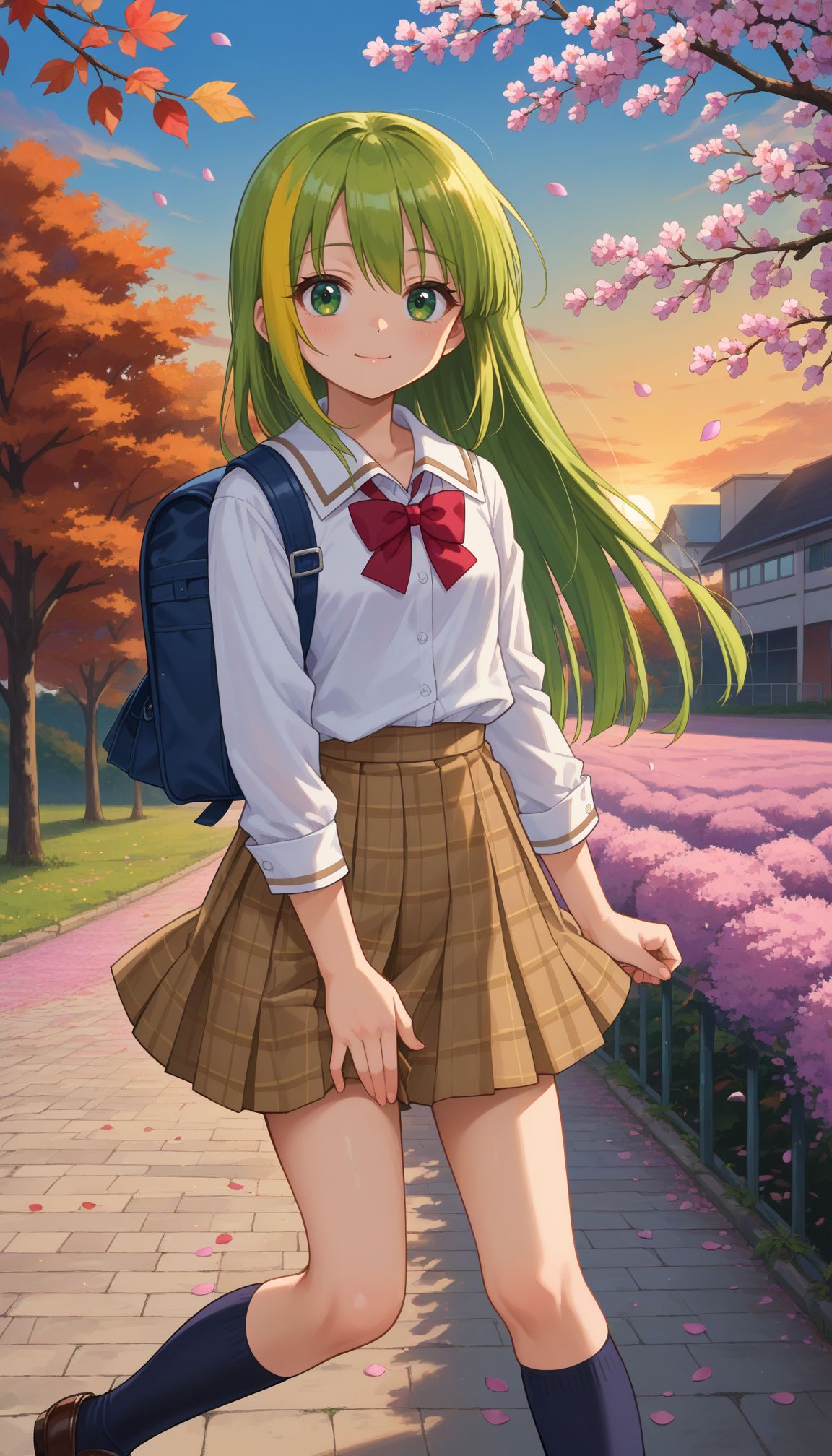 score_9, score_8_up, score_7_up, score_6_up, , solo, 20yo woman, (Beuty:1.1) , (cute:1.3), ,perfecteyes , seductive smile,perfect,  
alinagray, 1girl, solo, looking at viewer, closed mouth, small breasts,<lora:alina_gray:0.8> , green eyes,  very long straight green hair with a yellow streak, sidelocks, blunt ends,  lock between her eyes.
sakae_general_school_uniform, school uniform, Hand on knee,
white shirt with short over long sleeves, cuffs, a wing collar, a red bowtie, a brown plaid miniskirt, buttons, brown loafers.
autumn, autumn leaves, backpack, bag, bare tree, blue sky, branch, cherry blossoms, cloud, evening, falling leaves, falling petals, gradient sky, hanami, leaf, long sleeves, orange sky, outdoors, petals, petals on liquid, pink flower, scenery, school bag, , sky, solo, spring \(season\), standing, sunset, tree, twilight, wind, wisteria, Mont Fuji in background
