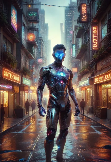 score_9,score_8_up,score_7_up, A soon to be unemployed blue robot, 1 man, futuristic cyberpunk cityscape background, neon lights and brightly lit marquees, wet streets reflect the neon glow of the city, analog photography, ultrarealistic, hdr, Cyberspace, psych3delic