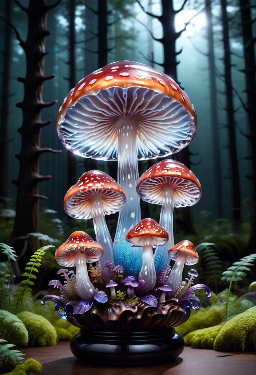 lazympos, murano_glass_style, glowing mushroom made of glass, forest, depth of field